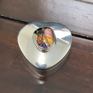 .925 sterliing silver heart shaped trinket/pil box with dichroic glass inlay